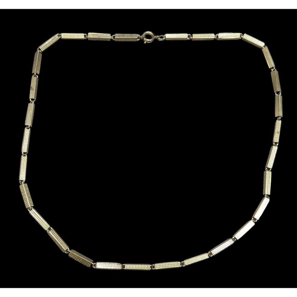 Vintage Rectangular Tube Chain Necklace Gold Tone With Textured Finish
